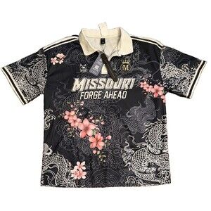ROMWE Missouri Forge Ahead Dragon Floral Polo Shirt Mens M Black NWT